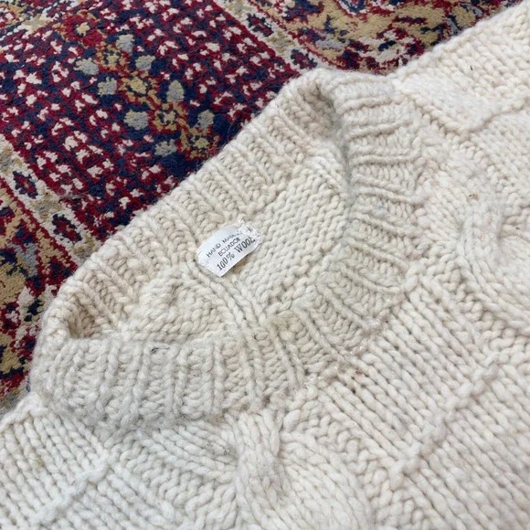 VTG 80s 90s Handmade Ecuador 100% Wool Cable Knit Sweater Cream L-XL Heavyweight